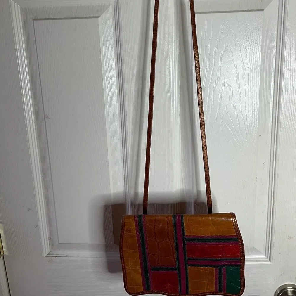 Carlos Falchi vintage leather croc embossed flap crossbody bag